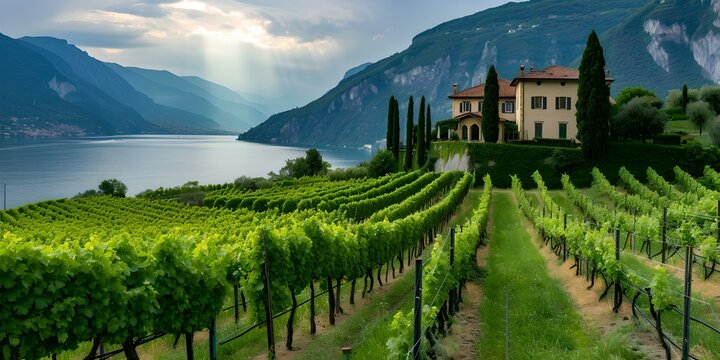 Scenic vineyard by the lake with lush greenery and mountains. tranquil nature landscape. perfect for backgrounds and travel themes. AI