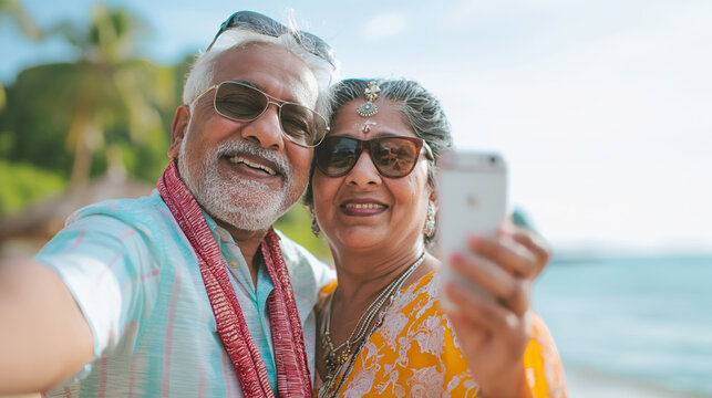 Senior Indian couple happily taking a selfie during their vacation, cherishing modern moments of joy together