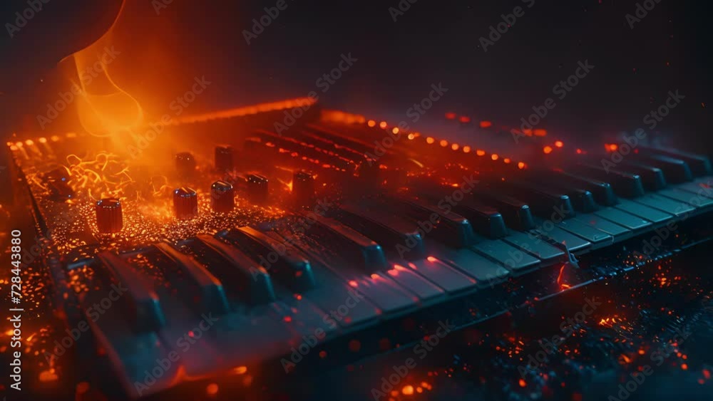 Poster fusing elements of music and fire this visual depiction of a synthesizer is a blazing force of raw p