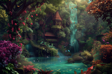 Fototapeta na wymiar Beautiful enchanted house hidden away in forest