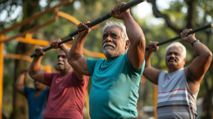 Senior and active men in sportswear exercising at outdoor gym in India