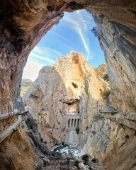 Panoramic view of the valley in a natural ravine area. Caminito del Rey in the Gaitanes gorge,...