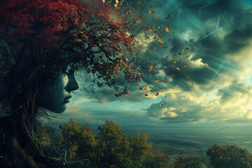 Obraz na płótnie Canvas autumn tree growing from a person's head