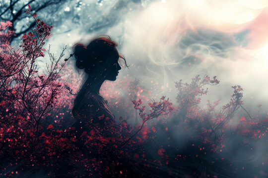 silhouette amongst pink flowers and wisp