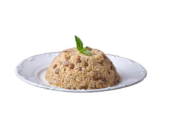 Traditional delicious Turkish foods; bulgur pilaf with green lentils (Turkish name; yesil mercimekli bulgur pilavi)