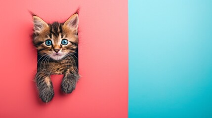 Fluffy cat walking on pastel background in studio shot for advertising with ample copy space