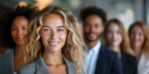 Fototapeta premium Portrait of successful group of business people at modern office looking at camera. Portrait of happy businessmen and satisfied businesswomen standing as a team. Multiethnic group of people smiling.