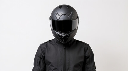 biker person male black helmet black jacket portrait white background ai visual concept