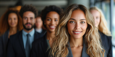 Obraz premium Portrait of successful group of business people at modern office looking at camera. Portrait of happy businessmen and satisfied businesswomen standing as a team. Multiethnic group of people smiling.