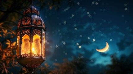 Ramadan lantern with crescent moon night with stars shining