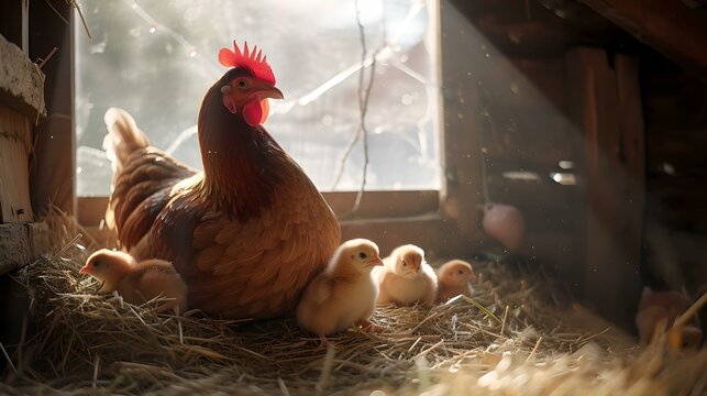 Serene hen with chicks in sunlit barn. warm, rustic poultry family scene captured in photo. timeless farm-life aesthetic. AI