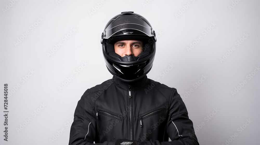 Wall mural motor biker person male black helmet black jacket portrait white background ai visual concept