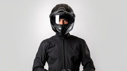 motor biker person male black helmet black jacket portrait white background ai visual concept