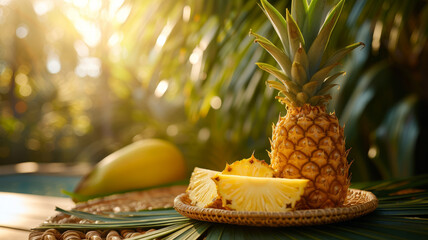 Ripe pineapple on the table. - obrazy, fototapety, plakaty