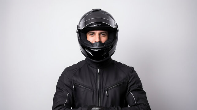 motor biker person male black helmet black jacket portrait white background ai visual concept