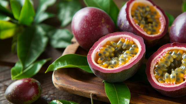 Attractive arrangement of fresh passion fruits on an exotic wooden tray