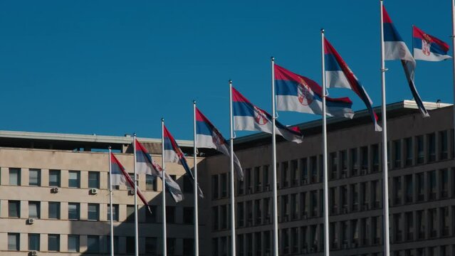 Palace of Serbia, New Belgrade district. Flags of Serbia waiving in front of Palata Srbija. Office of various state administrations in Belgrade