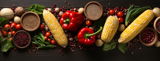 Wide flat lay view banner image of vegetarian day food banner with different types of vegetables and fruit items in a manner on dark wooden color table mockup with copy space 
