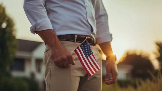 Man holding USA American flag as a symbol of Independence Day or Veteran's Day, holiday