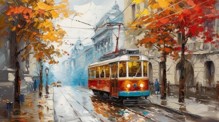 Old tram in the street. Old city landscape, fine art oil painting - obrazy, fototapety, plakaty