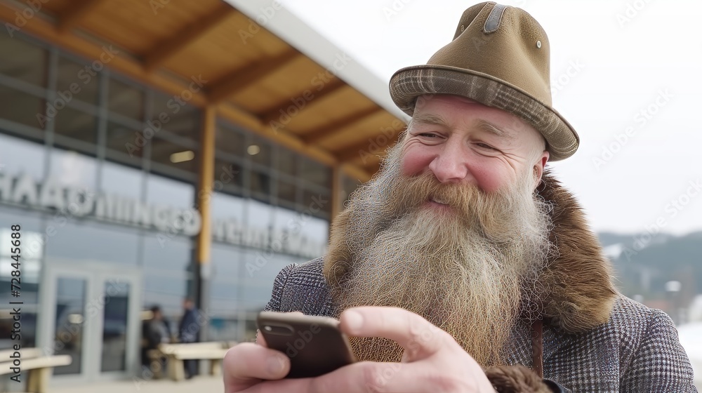 Poster cheerful bearded man smiling and using smartphone while waiting at the bus station