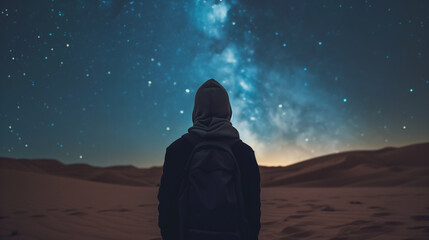 Man stands under a starlit sky in the desert.