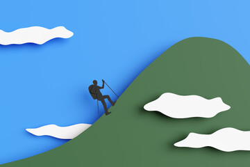 Paper cutout of a man in black silhouette hiking on a green hill with white clouds and blue sky as background. Illustration of the concept of exploration, effort and ladder of success