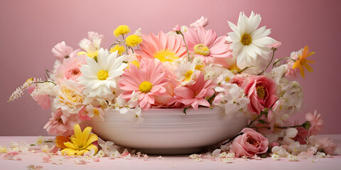 Vase with bunch of daisies and wild flowers Pink background Generative AI
