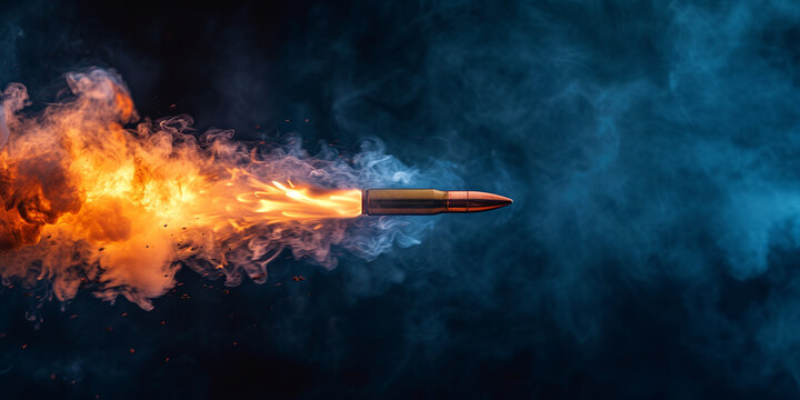 bullet is shot in the air with a glowing flame, slow motion, on dark background