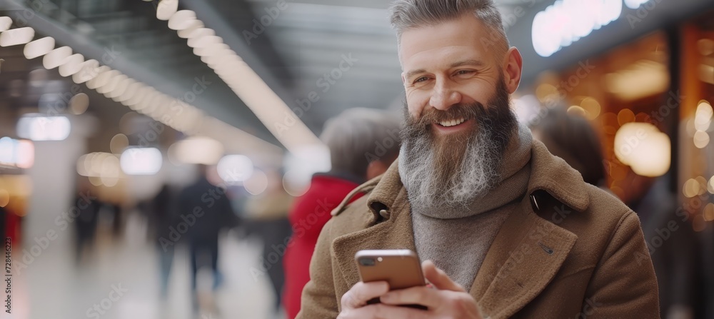 Poster smiling bearded man using smartphone at bus station with copy space for text placement