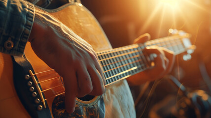 Close-up of a musician's hands playing an acoustic guitar.