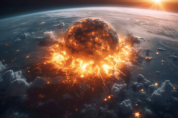 giant asteroid has hit the blue earth, realism style, surrealistic elements, sci-fi scene