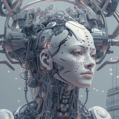 Portrait of an Artificial intelligence robot from the future. Visualization of the future with smart robots. Futuristic humanoid technology. Female robot cyborg, cyberpunk. Generated AI