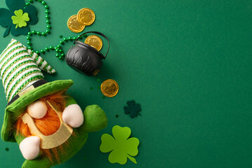 St. Patrick's Day theme captured from top view: leprechaun toy, gold-filled magic pot, trefoils,...