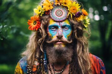middle aged bearded hippie man with colorful painted makeup with flowers on his head