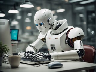 Robot works in an office on a laptop. AI Generated.