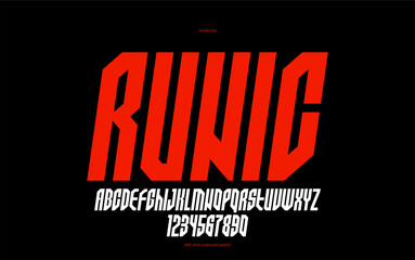 Bold and massive italic heavy geometric font for logo creation, modern geometrical vector display typeface, typography with only corners and straight lines geometry, tall and condensed version.