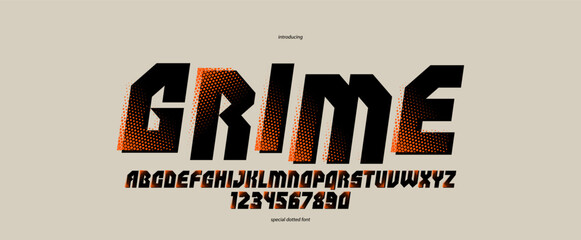 Halftone dotted futuristic cyberpunk font for logos and posters, vector brutal industrial typeface alphabet letters and numbers, urban technic future typography, italic version.