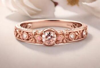  A rose gold band adorned with a blush pink diamond surrounded by intricate floral detailing, evoking a sense of romantic allure against a soft cream background.