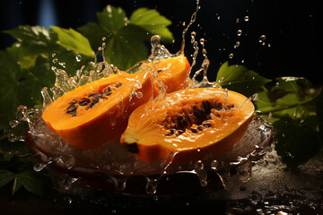 papaya slices with knife and water drops and splashes on black background