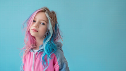  beautiful young girl with dyed colorful hair isolated on pastel background