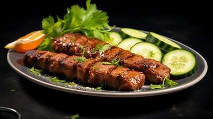 beef seekh kabab with cucumber salad served in plate isolated on grey background