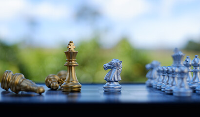 gold  knight Against whithe background, International chess, ideas and competition and strategy, chess board game competition business concept.