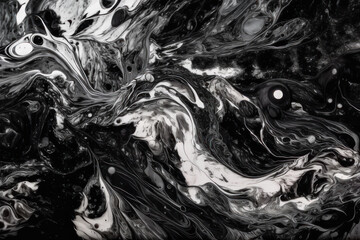 Abstract horizontal background, liquid paint, black and white acrylic. AI generative.