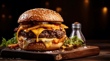burger with onions meat melted cheese cheddar burger fried with sesame and potato slices with sauce on a wooden board background