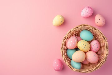 Fototapeta na wymiar Easter wicker basket with pastel colorful eggs for festive holiday on pink background. Greeting card with copy space. View from above.