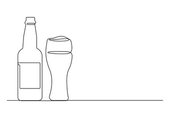 Beer glass and bottle continuous one line drawing vector illustration. Pro vector