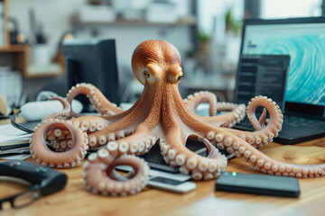 busy octopus boss with different digital gadgets on office . work burnout, multitasking business concept idea