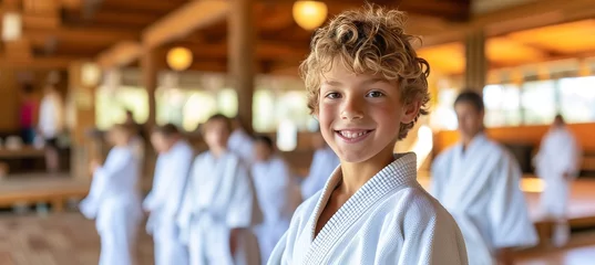 Tuinposter Smiling european boy engaged in judo or karate training lesson with space for text placement © Ilja