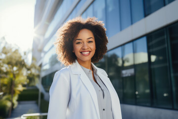 Cheerful African American Female Doctor with a Positive Attitude and Confident Smile in a Professional Medical Office